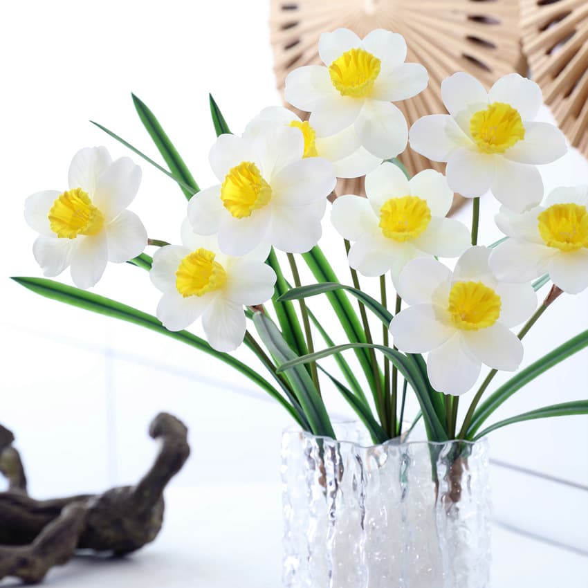 HA-44 36cm Artificial Bouquet Daffodils Indoor Table Setting Flowers Single Branch 3 Fork PVC Garden Style Daffodils